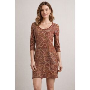 Peruvian Connection Pima Cotton Paisley Knit Dress (S) 3/4 Sleeve Brown